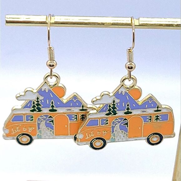 Let's Go Mini Van VW Bus Dangle Drop Mountain Adventure Landscape Enamel Jewelry - Picture 6 of 6